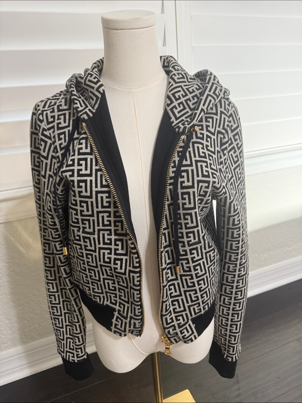 Balmain Black & Cream Geometric Zip Hoodie Bomber